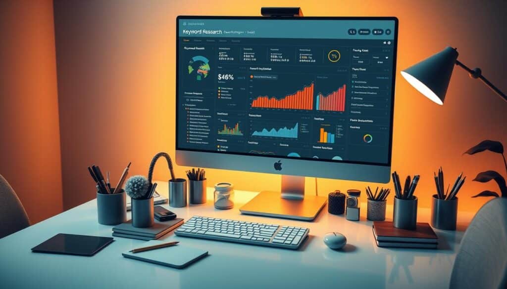 A sleek and modern workspace with a desktop computer, various office supplies, and a large monitor displaying an intricate keyword research dashboard. The scene is bathed in warm, soft lighting, creating a focused and productive atmosphere. The dashboard showcases detailed data visualizations, trend graphs, and keyword suggestions, all designed to enhance the process of effective keyword research. The overall composition emphasizes the importance of thorough, data-driven keyword analysis as a crucial element in strengthening organic search strategies.