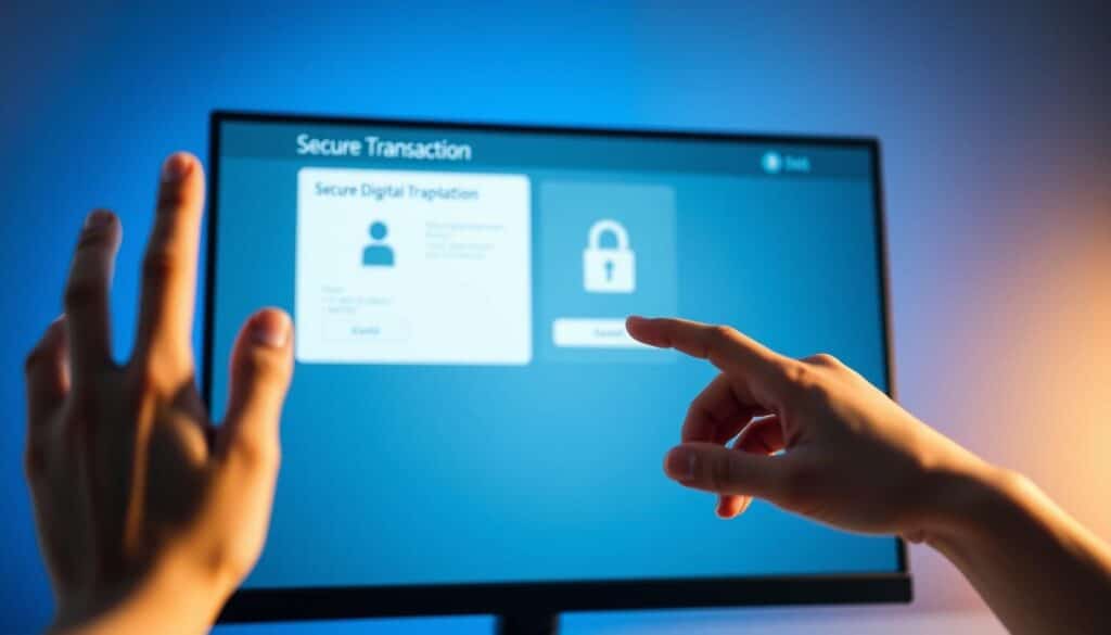 A sleek, modern computer display showcases a secure digital transaction interface, with a minimalist design and a focus on user privacy and data protection. In the foreground, a hand gestures towards the screen, suggesting the intuitive and seamless nature of the process. The background is a gradient of blues and grays, conveying a sense of technological sophistication and digital security. Subtle lighting from the side illuminates the scene, creating depth and highlighting the details of the interface. The overall mood is one of confidence, control, and trust in the digital financial solutions.