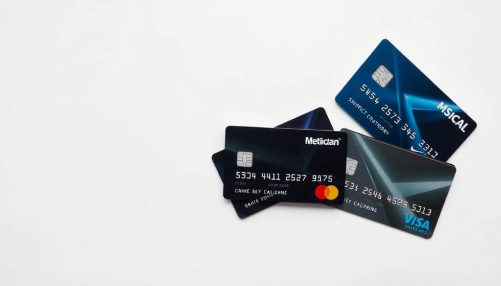 A sleek, modern credit card display on a minimalist white background. The cards are arranged in a stylized, visually appealing manner, showcasing their distinct designs and features. Soft, directional lighting accentuates the cards' materials and textures, creating a clean, high-quality look. The composition is balanced, with the cards taking up the majority of the frame, leaving some negative space to draw the viewer's attention. The overall mood is one of sophistication, clarity, and comparative analysis, reflecting the topic of effectively comparing credit card options.