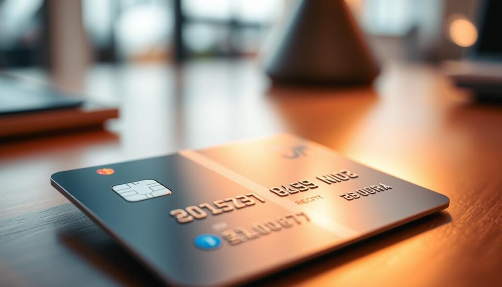A sleek, modern credit card with a metallic finish glistening under warm, directional lighting. In the foreground, the card's surface displays an array of colorful icons and symbols representing various reward programs and benefits. The middle ground showcases an elegant and minimalist design, with clean lines and a subtle pattern or texture, creating a sense of sophistication. The background blurs softly, hinting at a refined, professional setting, perhaps an office desk or a modern interior. The overall atmosphere conveys a sense of luxury, financial stability, and the allure of maximizing rewards and benefits through the strategic use of the card.