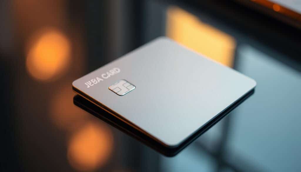 A sleek, modern credit card with a minimalist design, resting on a glossy surface. The card's surface reflects the warm, ambient lighting, creating a sense of sophistication and elegance. The card's material has a subtle, textured finish, hinting at its premium quality. The card's shape is balanced and proportional, with clean lines and a streamlined profile. The card's positioning suggests it is the focal point, emphasizing its importance and desirability as the ideal choice for personal finance management.