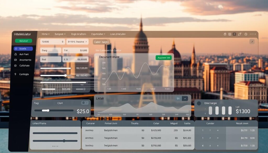 A sleek, modern finance dashboard displaying a range of interactive hitelkalkulátor (loan calculator) tools. In the foreground, a clean user interface with sliders, input fields, and toggles allowing the user to customize loan parameters. Centered, a prominent graph or chart visualizing the calculated loan details. In the background, a sophisticated city skyline under a warm, golden hour lighting, conveying a sense of financial security and urban prosperity. The overall composition exudes a professional, high-tech aesthetic suitable for a finance-focused website or app.