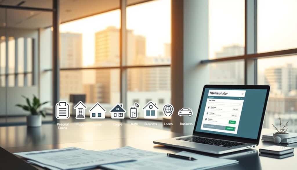 A sleek, modern office interior with a minimalist design. In the foreground, a desk with various financial documents and a laptop displays a hitelkalkulátor interface. In the middle ground, an array of different loan types are depicted through stylized icons and graphics, including personal loans, mortgages, auto loans, and business loans. The background features floor-to-ceiling windows overlooking a cityscape, with warm, natural lighting filtering in. The overall mood is one of professionalism, digital innovation, and financial planning.