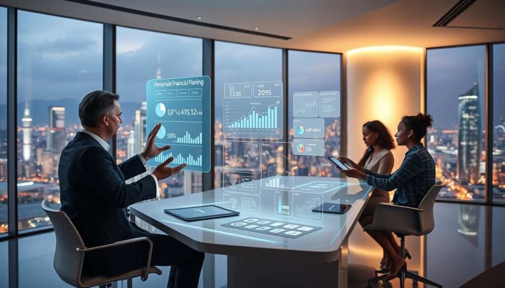 A sleek, modern office interior with floor-to-ceiling windows overlooking a bustling city skyline. In the foreground, a well-dressed financial advisor sits at a minimalist desk, gesturing to a futuristic holographic display showcasing personalized financial planning options. The middle ground features clients of diverse backgrounds interacting with intuitive touchscreen interfaces, accessing detailed analytics and tailored investment strategies. The background is illuminated by a warm, ambient glow, creating a sense of technological sophistication and human-centric design. The overall atmosphere conveys the future of personalized, data-driven online financial advisory services.