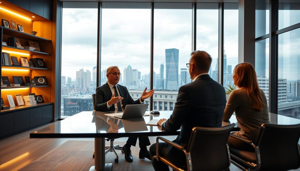 A sleek, modern office interior with floor-to-ceiling windows overlooking a cityscape. In the foreground, a well-dressed financial advisor sits at a minimalist desk, gesturing expressively as they explain financial concepts to a client on the other side. The lighting is warm and professional, creating a sense of expertise and authority. The middle ground features shelves filled with financial documents and awards, while the background showcases the dynamic urban skyline, suggesting the advisor's deep understanding of the broader economic landscape. The overall mood is one of trust, competence, and thoughtful financial guidance.