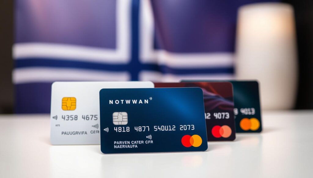 A sleek, modern photo showcasing a collection of popular credit cards commonly used in Norway. The cards are arranged in the foreground, with a clean, minimalist design and a soft, diffused lighting that highlights their glossy surfaces. The middle ground features a subtle pattern or texture, perhaps a stylized Norwegian flag or a geometric design, creating a visually interesting backdrop. The background is slightly blurred, providing a sense of depth and focus on the credit cards as the central subject. The overall mood is one of sophistication, practicality, and financial reliability, reflecting the section's focus on the most popular credit card options in the Norwegian market.