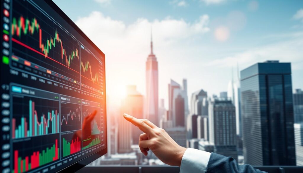 A sleek, modern trading platform with a clean, intuitive interface. The foreground displays various charts, graphs, and financial data, showcasing the platform's sophisticated analytical tools. In the middle ground, a trader interacts with the platform, their fingers deftly navigating the responsive touchscreen. The background features a cityscape of towering skyscrapers, symbolizing the fast-paced, global nature of the foreign exchange market. The lighting is bright and dynamic, creating a sense of energy and dynamism. The overall mood is one of efficiency, professionalism, and the power of technology to empower traders.