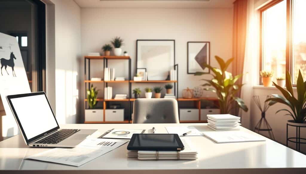 A sophisticated financial advisor's office, bathed in warm, natural lighting from large windows. The foreground features a clean, minimalist desk with a laptop, tablet, and various financial documents. In the middle ground, shelves display books, charts, and other financial planning tools. The background showcases a modern, yet cozy decor with potted plants and abstract art, creating a professional yet welcoming atmosphere. The scene conveys a sense of expertise, tailored solutions, and a commitment to personalized financial guidance.