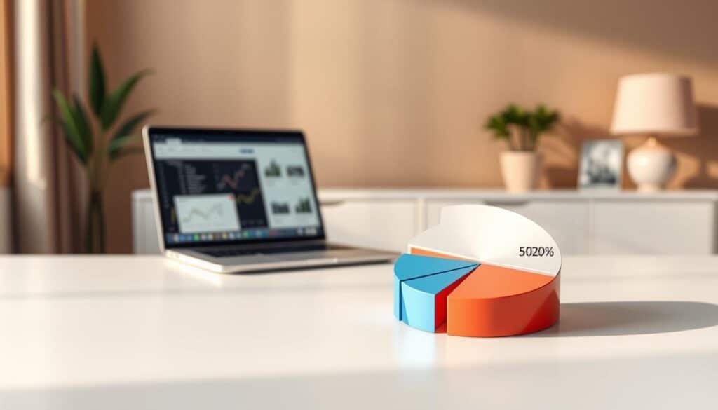 A sophisticated financial diagram against a serene backdrop. In the foreground, a meticulously rendered pie chart, its slices precisely labeled "50%", "30%", and "20%", representing the key components of the "50-30-20" savings rule. The chart is set on a clean, minimalist desk, casting gentle shadows that add depth and dimensionality. In the middle ground, a sleek, modern laptop displays relevant financial data, symbolizing the digital tools used to manage personal finances. The background features a warm, softly blurred office setting, with muted tones and elegant accents, conveying a sense of professionalism and financial expertise. The overall scene evokes a mood of organization, prudence, and financial well-being, perfectly suited to illustrate the "50-30-20" savings principle for a Hungarian audience.