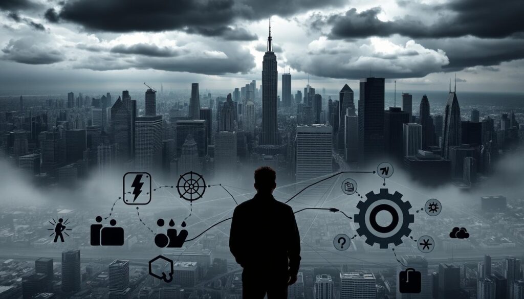 A sprawling cityscape, its towering skyscrapers and bustling streets cast in an ominous, foreboding light. In the foreground, a series of abstract icons and symbols representing various risk factors - a lightning bolt for financial risk, a cracked earth for environmental risk, a gear cog for operational risk. The middle ground features a shadowy figure, a risk manager, analyzing a complex web of interconnected risks. In the background, storm clouds gather, hinting at the unpredictable nature of the challenges facing the organization. The scene is rendered in a moody, high-contrast style, using a limited color palette to emphasize the seriousness and gravity of the subject matter.
