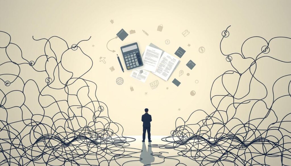A striking, high-resolution illustration showcasing the concept of debt management. In the foreground, a person stands amidst a tangled web of debt obligations, represented by intricate lines and symbols. The middle ground features a calculator, papers, and other financial documents, symbolizing the analytical and organizational aspects of debt management. The background is a muted, serene palette, conveying a sense of calm and control amidst the financial complexities. The lighting is soft and directional, highlighting the key elements and creating a sense of depth and atmosphere. The overall mood is one of focus, determination, and a path towards financial well-being.
