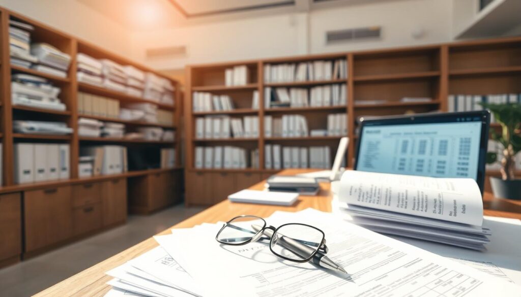 A sunlit office interior with a large wooden desk, rows of shelves filled with financial documents, and a computer monitor displaying tax forms and financial calculations. In the foreground, a pair of eyeglasses and a pen sit atop a stack of papers, hinting at the meticulous work required to navigate the complex tax regulations surrounding pension funds. Soft, warm lighting casts a professional, authoritative atmosphere, while the clean, organized layout conveys a sense of order and attention to detail essential for managing pension investments.