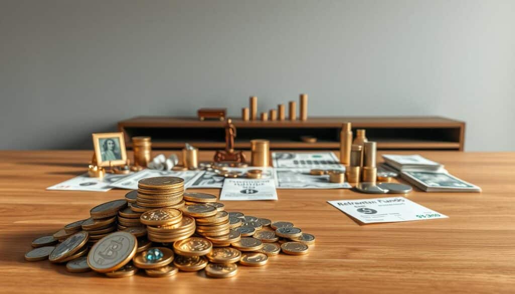 A tranquil scene of investment vehicles, a diverse array of financial instruments arranged in a well-organized display. In the foreground, a neatly stacked pile of coins, bars, and precious gemstones, casting a warm glow under soft, diffused lighting. In the middle ground, a polished wooden table showcases a variety of investment tools - stocks, bonds, mutual funds, and retirement accounts, each meticulously detailed. The background is a minimalist, elegant space, with clean lines and muted tones, creating a sense of focus and professionalism. The overall composition conveys a balanced, strategic approach to personal finance and investment, inspiring confidence and prudent decision-making.