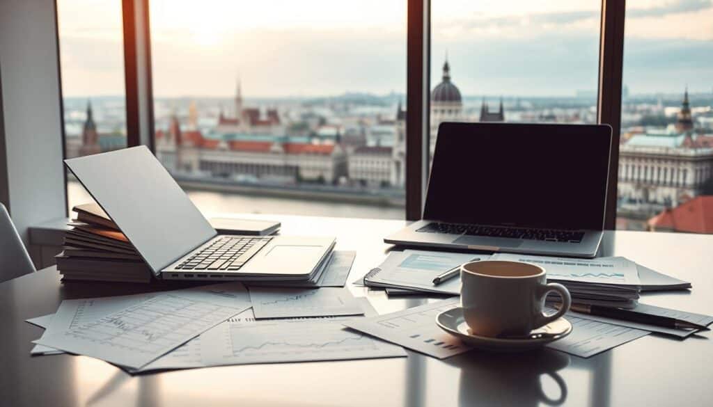 A tranquil scene of the Hungarian financial market unfolds, showcasing a diverse array of investment securities. In the foreground, a sleek, modern desk is adorned with neatly organized financial documents, a laptop, and a cup of coffee, setting the tone of a professional, analytical atmosphere. The middle ground features a panoramic view of the Budapest skyline, its iconic landmarks and architecture creating a backdrop that evokes the rich heritage and economic vibrancy of the country. Soft, natural lighting filters through the window, casting a warm glow and creating a sense of calm and contemplation. The overall composition conveys the prudent, thoughtful approach to investing in the Hungarian securities market, where tradition and innovation coexist harmoniously.