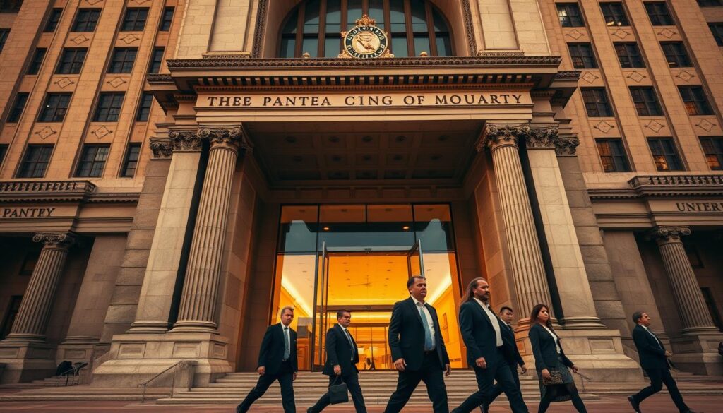 A vast, imposing building stands tall, the façade adorned with intricate architectural details. The entrance is flanked by stately columns, exuding an air of authority and power. Through the glass doors, a glimpse of the interior is visible, with a grand lobby and a sense of hushed activity. The scene is bathed in warm, golden light, creating a sense of gravitas and importance. The camera angle is slightly elevated, giving the viewer a commanding perspective of the structure. The overall composition conveys the strength, stability, and influence of the institution it represents. In the foreground, a group of well-dressed individuals stride purposefully, their expressions conveying a sense of serious deliberation. The mood is one of professionalism and poise, befitting the institution's role in guiding the nation's monetary policy.