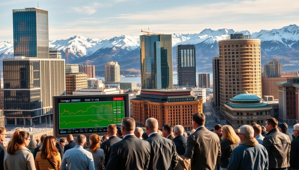 A vibrant and dynamic cityscape showcasing the Norwegian stock market. In the foreground, a group of diverse individuals, dressed in professional attire, gather around a large digital display board, intently analyzing stock prices and trading data. The middle ground features the iconic architecture of Oslo's financial district, with sleek modern skyscrapers and bustling streets. In the background, the rugged Norwegian landscape emerges, with snow-capped mountains and fjords providing a stunning natural backdrop, reflecting the strength and resilience of the country's economy. The scene is illuminated by warm, natural lighting, creating a sense of energy and optimism. The overall composition conveys the thriving and multifaceted nature of the Norwegian stock market, a hub of activity and opportunity.
