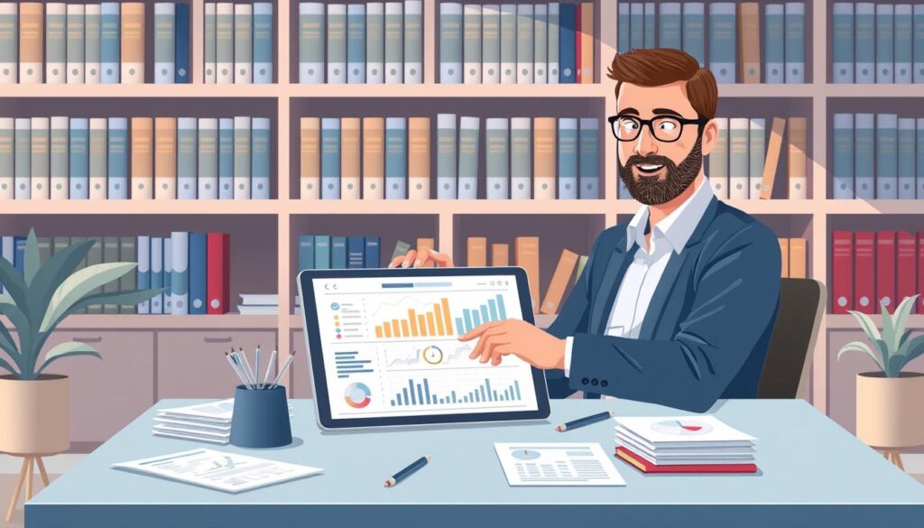 A vibrant and informative illustration of investment funds for beginners. The scene depicts a calm, professional office setting with a large desk and shelves of financial books in the background. In the foreground, a financial advisor sits at the desk, surrounded by various financial charts, graphs, and documents, gesturing towards a tablet displaying investment fund information. The lighting is soft and natural, conveying a sense of trust and expertise. The color palette is muted, with shades of blue, gray, and beige, creating a soothing and authoritative atmosphere. The overall composition guides the viewer's eye towards the key elements, providing a clear and educational visual representation of the "Investment Funds for Beginners" topic.