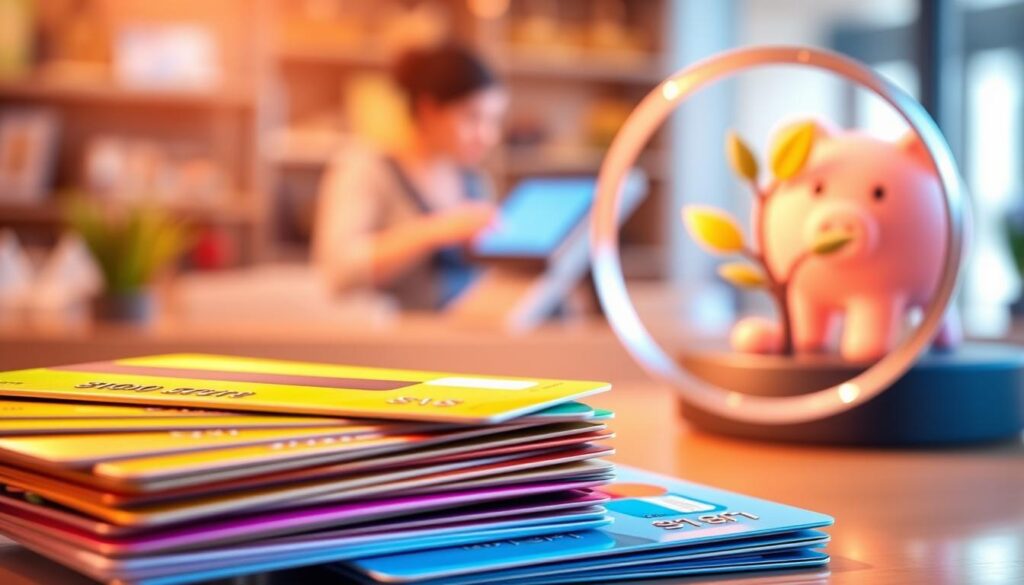A vibrant and informative illustration showcasing the benefits of credit cards. In the foreground, a stack of credit cards in various colors, with a magnifying glass highlighting their key features. In the middle ground, a person making a purchase at a sleek, modern-looking point-of-sale terminal, indicating the convenience and security of credit card transactions. In the background, a stylized representation of financial savings, such as a growing money tree or a piggy bank, alluding to the rewards and perks associated with credit card usage. The scene is bathed in warm, soft lighting, creating a visually appealing and informative image that captures the essence of the "Advantages of Different Credit Cards" section.