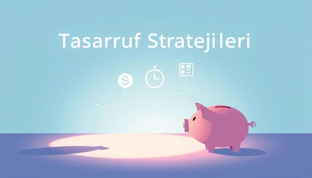 A vibrant and minimalist illustration of "Tasarruf Stratejileri" (Savings Strategies). In the foreground, a stylized piggy bank casts a long shadow, symbolizing the accumulation of wealth. The middle ground features a series of elegant icons, each representing a specific savings tactic - a coin, a clock, a chart, and a lightbulb. The background is a soothing gradient, hinting at the tranquility and financial security that effective savings strategies can bring. Soft lighting illuminates the scene, creating a sense of warmth and approachability. The overall composition is clean, balanced, and visually striking, reflecting the practical and empowering nature of personal finance advice.