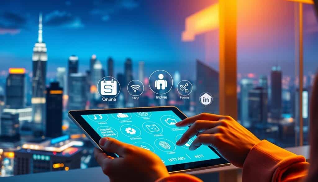A vibrant digital platform with various income-generating opportunities. In the foreground, a person interacts with a sleek interface on a tablet, exploring different revenue streams. The middle ground showcases various icons and graphics representing diverse monetization options, such as online shops, freelance services, and passive income streams. The background features a futuristic cityscape with skyscrapers and technology-infused landscapes, conveying a sense of innovation and growth. The scene is illuminated by a warm, ambient light, creating a sophisticated and inviting atmosphere. The overall composition emphasizes the potential for financial empowerment through digital platforms.