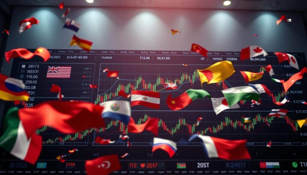 A vibrant display of global currency pairs, showcased in a sleek, modern trading platform. In the foreground, various national flags dance across high-definition charts, their movements mirroring the ebb and flow of the foreign exchange market. The middle ground features a series of dynamic graphs and numerical readouts, conveying the intricate data that drives successful currency trading. In the background, a clean, minimalist interface provides a sense of order and control, complemented by soft, diffused lighting that creates a professional, yet inviting atmosphere. The overall composition captures the essence of the foreign exchange market: a complex, ever-evolving landscape of opportunity and risk, where skilled traders navigate the currents of international finance.