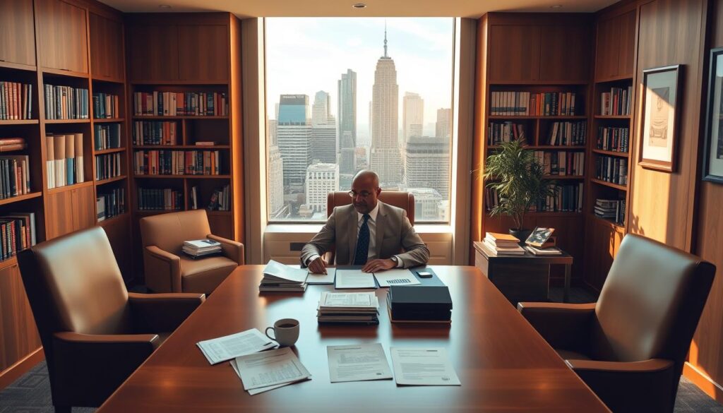 A warm, inviting office interior with a large wooden desk and comfortable chairs. On the desk, various financial documents, a laptop, and a cup of coffee. The walls are lined with bookshelves filled with finance-related books. A large window overlooking a bustling city skyline provides natural lighting. The room exudes an atmosphere of expertise, professionalism, and trusted financial guidance. A well-dressed financial advisor sits at the desk, ready to provide personalized advice to address common financial challenges.