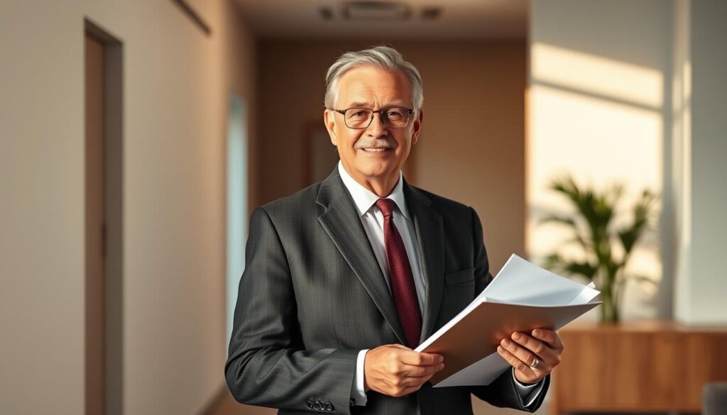 A well-dressed, mature professional standing confidently in a modern, minimalist office setting. Warm, natural lighting illuminates their face, creating a sense of approachability and trust. They hold papers and documents, conveying expertise and a dedication to providing personalized financial guidance. The background features clean lines, neutral tones, and subtle hints of financial symbols, reflecting the sophisticated and trustworthy nature of the financial advisory service.