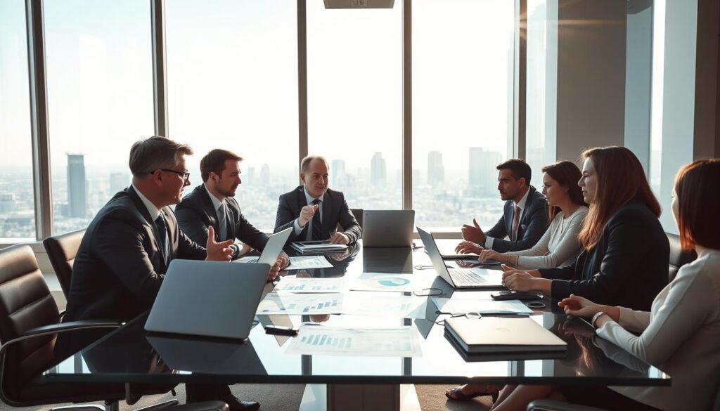 A well-lit conference room, sunlight streaming through large windows, illuminating a sleek glass table where financial charts, documents, and laptops are neatly arranged. Around the table, a diverse group of professionals in business attire engage in a lively discussion, gesturing towards the data displayed on their screens. The atmosphere is one of focused collaboration, with a sense of determination to devise the optimal investment strategies. In the background, a modern cityscape is visible, hinting at the broader economic landscape that informs their decisions. The overall impression is one of an authoritative, yet dynamic environment where innovative thinking and analytical rigor converge to build lasting wealth.