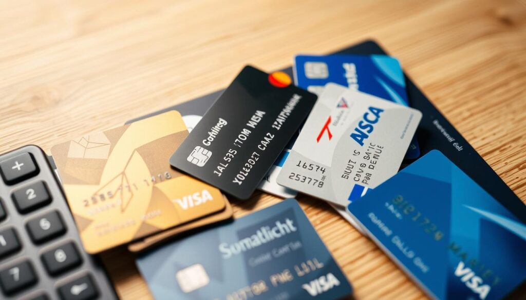 A well-lit, high-angle shot of an assortment of different credit cards resting on a modern, minimalist wooden desk. The cards feature various designs, logos, and colors, showcasing the diverse range of credit card options available in Norway. The scene is captured with a shallow depth of field, putting the cards in sharp focus while the background is softly blurred, creating a clean and sophisticated aesthetic. The lighting is soft and evenly distributed, highlighting the texture and sheen of the card materials. The overall mood is one of calm professionalism, inviting the viewer to explore the different credit card choices.