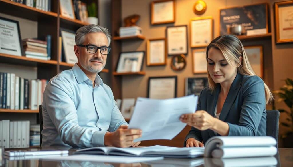 A well-lit interior scene depicting a contemporary financial advisory office. In the foreground, a professional financial advisor sitting at a desk, consulting with a client over financial documents. The advisor's expression is focused and attentive, conveying a sense of expertise and care. The client appears engaged, leaning forward earnestly. The background features shelves filled with financial books and resources, along with framed certifications and awards, establishing a sense of authority and trustworthiness. The lighting is warm and inviting, creating a atmosphere of thoughtful deliberation. The composition emphasizes the collaborative nature of the financial advisory process, with the advisor and client working together towards a shared goal.