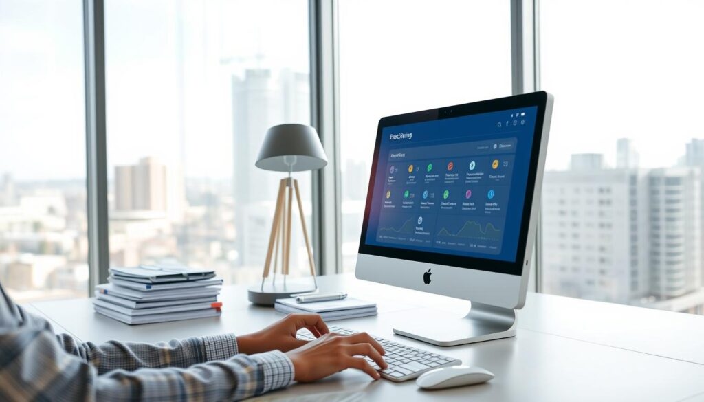 A well-lit, modern office interior with a clean, minimalist design. In the foreground, a desktop computer with a sleek, silver monitor displays an intuitive online banking interface. The user's hands are seen interacting with the touchscreen, navigating through various financial management options. In the middle ground, a stack of organized financial documents and a stylish desk lamp set the scene. The background features large windows overlooking a cityscape, allowing natural light to flood the space and create a sense of tranquility and productivity. The overall atmosphere conveys efficiency, simplicity, and a seamless digital banking experience.