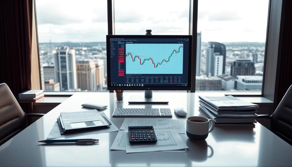A well-lit office setting, with a large desk and a computer monitor displaying a stock trading platform. On the desk, there are stacks of financial documents, a calculator, and a cup of coffee. The background features a panoramic window overlooking a cityscape, creating a sense of scale and sophistication. The overall atmosphere is one of focused concentration and strategic decision-making, reflecting the theme of smart investing in the Norwegian stock market.