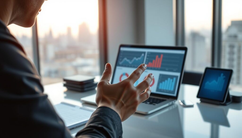 A well-lit office setting with a sleek, modern desk featuring a laptop, tablet, and analytic charts displayed on the screen. In the foreground, a person's hands gesturing towards the analytics, their expression focused and intent. In the background, a large window overlooking a cityscape, with soft, warm lighting filtering in. The scene conveys a sense of productivity, strategic thinking, and data-driven decision making.