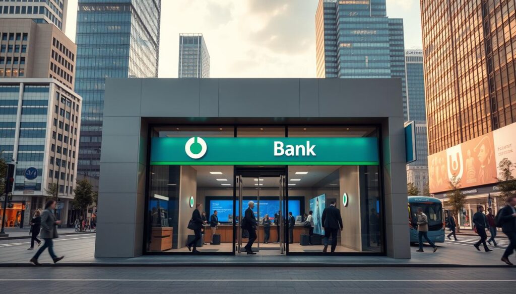 A well-lit, photorealistic image of a modern bank branch, or "fiókhálózat", from an elevated perspective. The foreground shows the exterior of the building, with a sleek, minimalist design featuring large glass windows and a prominent bank logo. The middle ground depicts the bustling entrance, with smartly dressed customers entering and exiting the bank. The background showcases the surrounding urban landscape, with tall skyscrapers and a vibrant, cosmopolitan atmosphere. The lighting is warm and inviting, conveying a sense of professionalism and trustworthiness. The overall composition highlights the accessible and convenient nature of the bank's branch network.