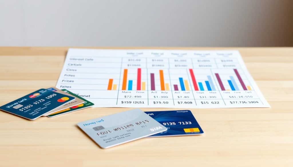 A well-lit table-top scene depicting a comprehensive comparison of credit card interest rates offered by Norwegian banks. The foreground features several credit cards of varying designs, neatly arranged on a clean, minimalist wooden surface. The middle ground showcases a series of bar graphs and charts, illustrating the interest rates and annual fees in a clear, infographic-style layout. The background provides a neutral, slightly blurred setting, allowing the financial data to take center stage. The overall mood is informative and analytical, with a focus on providing the viewer with a concise, data-driven visualization of the Norwegian credit card market.