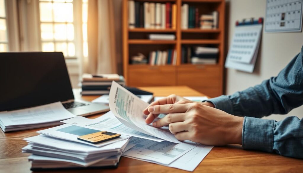 A well-organized office desk with neatly stacked financial documents, a laptop, and a credit card. Warm, natural lighting casts a soft glow, creating a contemplative atmosphere. In the background, a bookshelf filled with financial management books and a calendar on the wall, suggesting a thoughtful, deliberate approach to managing credit card debt. The focal point is a person's hands carefully reviewing statements and crafting a debt repayment strategy, conveying a sense of control and financial responsibility.