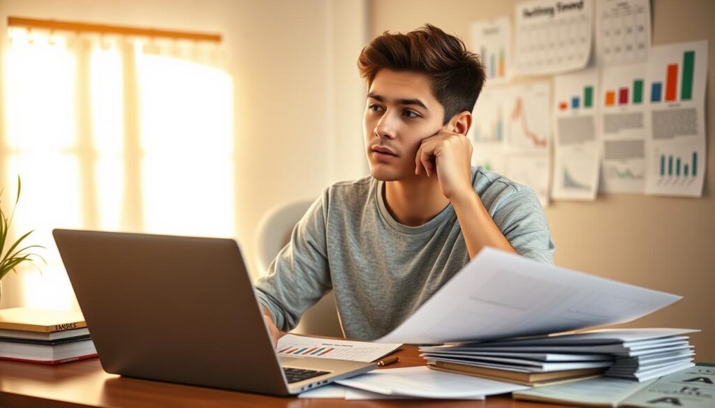 A young person in a thoughtful pose, sitting at a desk with a laptop, surrounded by financial documents and retirement planning materials. Warm, natural lighting casts a soft glow, creating a contemplative atmosphere. In the background, a wall displays a calendar and various charts visualizing financial growth over time. The overall scene conveys a sense of diligent planning and consideration for one's financial future in the golden years.