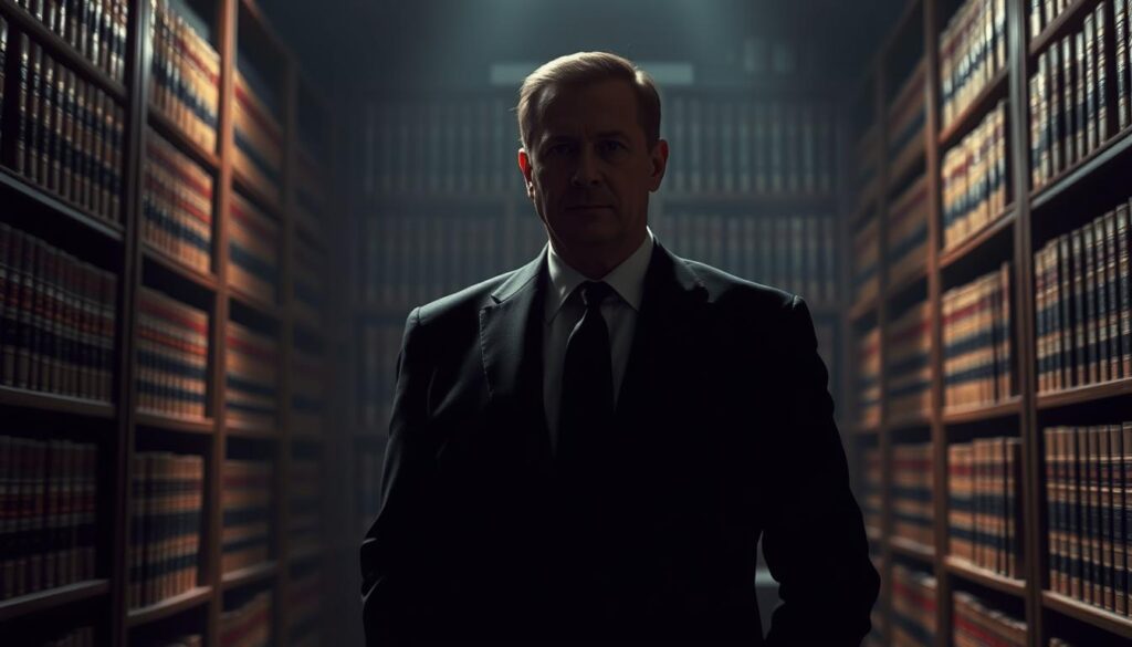 An authoritative figure standing in a dimly lit office, surrounded by wooden shelves filled with legal tomes. The figure's face is obscured in shadow, conveying a sense of mystery and power. The lighting is dramatic, casting long shadows across the room, emphasizing the imposing presence of the individual. The background is blurred, keeping the focus on the central figure, who is dressed in a formal suit, exuding an air of professionalism and dominance. The overall atmosphere is one of gravity and seriousness, reflecting the weight and significance of the "domain otoritesi" concept.