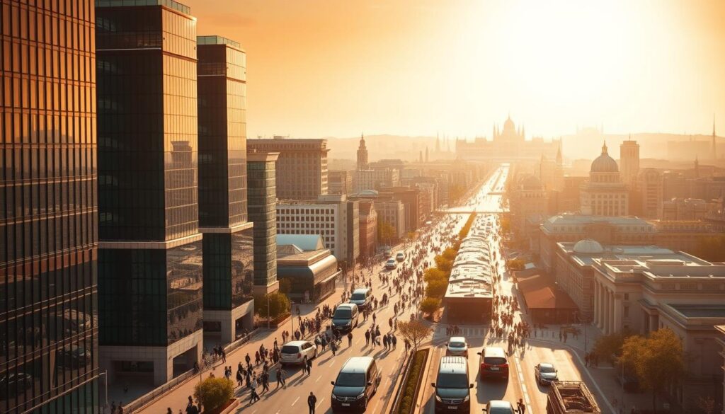 An expansive global cityscape illuminated by warm, golden sunlight, symbolizing the dynamic international connections of the Hungarian economy. In the foreground, elegant modern skyscrapers, their glass facades reflecting the bustling activity below. In the middle ground, bustling city streets filled with well-dressed professionals, international visitors, and luxury vehicles, conveying a sense of prosperity and interconnectedness. In the distant background, iconic landmarks of major financial hubs around the world, subtly hinting at Hungary's far-reaching global economic ties. The overall scene exudes a feeling of energy, growth, and the vast network of international relationships that drive the Hungarian economy forward.