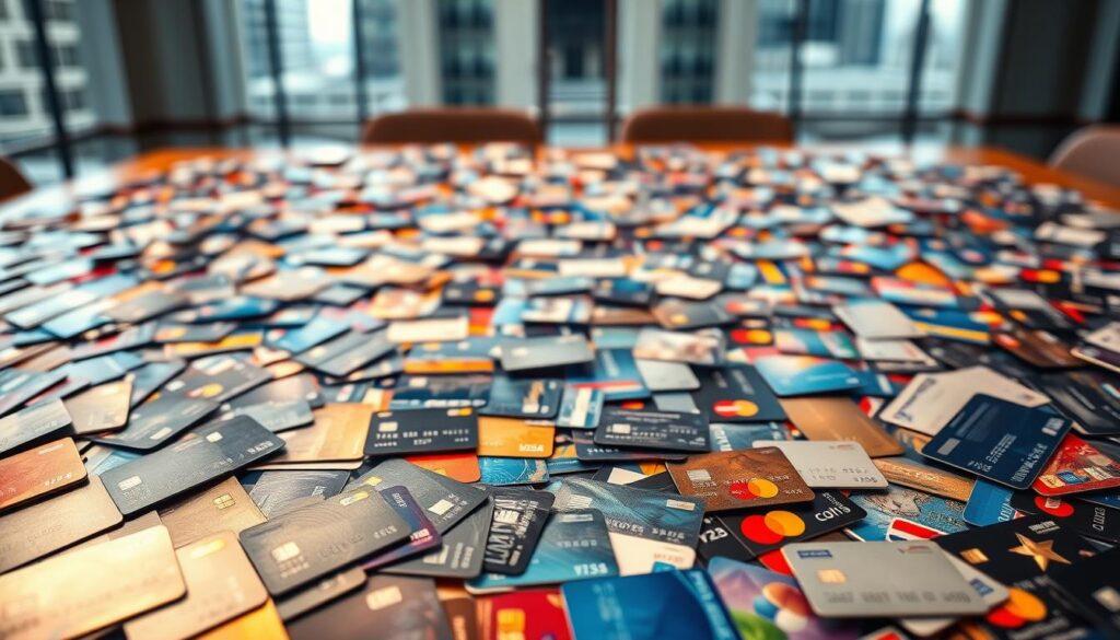 An expansive table covered in a diverse array of credit cards, each with unique designs, logos, and colors, is the centerpiece of the scene. The cards are neatly arranged, inviting the viewer to closely examine their features. A warm, diffused light bathes the table, creating a sense of coziness and thoughtfulness. In the background, a blurred cityscape or financial institution subtly frames the composition, hinting at the broader context of personal finance and banking. The overall mood is one of careful consideration, as the viewer is drawn into the process of selecting the perfect credit card to suit their needs.
