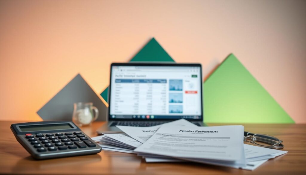 Detailed image of various retirement planning tools and calculators set against a clean, minimalist background. In the foreground, a modern calculator, retirement savings account, and pension statement documents. In the middle ground, a laptop displaying an interactive retirement planning app. In the background, simple geometric shapes and gradients in soothing tones of gray, blue, and green, conveying a sense of organization and financial security. Warm, diffused lighting casts a soft glow over the scene, emphasizing the importance and functionality of the retirement planning instruments. The overall composition is balanced and inviting, reflecting the article's focus on the key tools for securing a comfortable retirement.