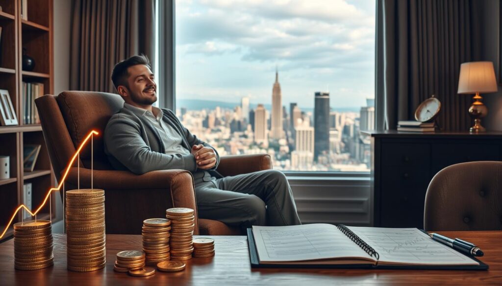 Detailed scene of financial wellbeing and prosperity. Foreground shows a person sitting comfortably in an armchair, hands clasped, with a serene expression. Surrounding them are symbols of financial security - a stack of gold coins, a glowing graph displaying an upward trend, and a solid oak desk with a ledger and pen. The middle ground features a large window overlooking a picturesque cityscape, with skyscrapers and bustling streets. The background is softly lit, creating a warm and inviting atmosphere. The overall mood is one of contentment, stability, and a sense of having achieved financial harmony and fulfillment.