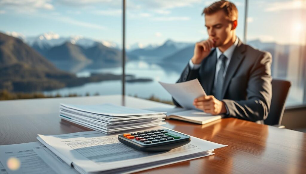Prompt A serene, well-lit scene depicting the interplay between taxation and retirement planning in Norway. In the foreground, a stack of financial documents and a calculator sit atop a polished wooden desk, symbolizing the meticulous calculations involved in navigating the country's pension system. In the middle ground, a thoughtful individual, dressed in professional attire, contemplates the documents, their expression conveying the importance of making informed decisions. In the background, a panoramic view of the Norwegian landscape, with its majestic fjords and snow-capped mountains, serves as a reminder of the broader societal context in which these financial considerations take place. The overall atmosphere is one of contemplation and careful planning, reflecting the nuanced relationship between taxation and pension in Norway.