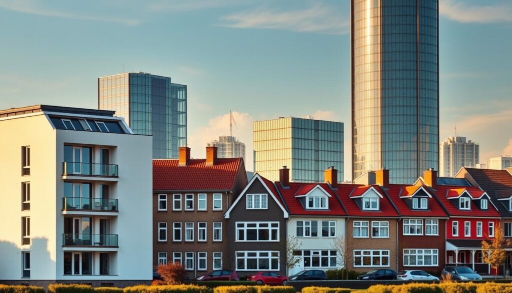 A Danish real estate investment portfolio with diverse property types arranged in a visually appealing layout. In the foreground, a modern apartment building with clean lines and large windows stands prominently. In the middle ground, a row of charming townhouses with traditional red-tiled roofs create a cozy residential scene. In the background, a sleek office tower with a glass facade reflects the skyline. The composition is bathed in warm, golden natural lighting, creating a welcoming and prosperous atmosphere. The image conveys the various investment opportunities available in the Danish real estate market, from residential to commercial properties.