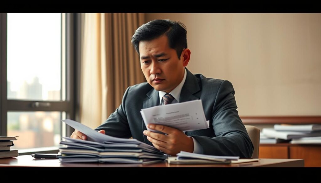 A Filipino man in a formal suit, sitting at a desk, contemplating a stack of bills and financial documents. The room has a warm, muted color palette, with soft lighting filtering through a window, casting subtle shadows. The man's expression conveys a sense of concern and a desire to manage his debts effectively. The background is a blurred, out-of-focus cityscape, hinting at the larger financial landscape in the Philippines. The overall scene reflects the challenges and considerations of personal finance management for the Filipino audience.