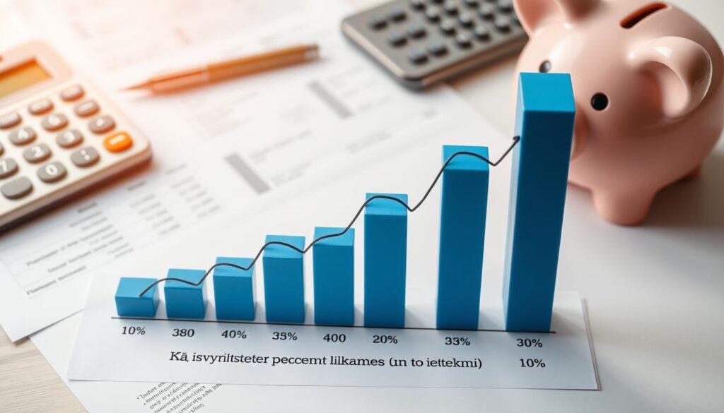 A bar graph depicting interest rates on savings accounts, presented against a backdrop of financial documents, calculator, and a piggy bank. The graph showcases the fluctuating percentage rates, conveying the importance of evaluating these rates when choosing a savings account. The lighting is warm and natural, creating a sense of financial security and stability. The overall composition is clean and organized, with a focus on the key visual elements that illustrate the section's title, "Kā izvērtēt procentu likmes un to ietekmi".