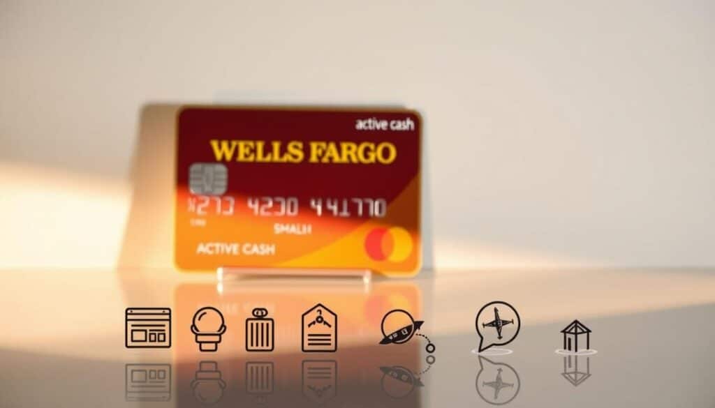 A beautifully designed credit card with the Wells Fargo logo prominently displayed, set against a clean and modern background. The card is placed on a reflective surface, casting a soft shadow that adds depth and dimension to the image. The lighting is soft and diffused, creating a warm and inviting atmosphere. In the foreground, various financial icons and graphical elements are subtly arranged, suggesting the additional benefits and features of the Wells Fargo Active Cash card, such as cash back, purchase protection, and travel rewards. The overall composition is balanced and visually appealing, capturing the essence of the "Beneficios adicionales" section of the article. A beautifully designed credit card with the Wells Fargo logo prominently displayed, set against a clean and modern background. The card is placed on a reflective surface, casting a soft shadow that adds depth and dimension to the image. The lighting is soft and diffused, creating a warm and inviting atmosphere. In the foreground, various financial icons and graphical elements are subtly arranged, suggesting the additional benefits and features of the Wells Fargo Active Cash card, such as cash back, purchase protection, and travel rewards. The overall composition is balanced and visually appealing, capturing the essence of the "Beneficios adicionales" section of the article.