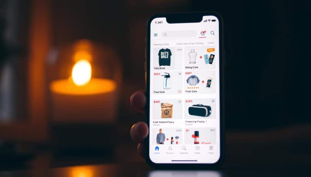 A beautifully designed smartphone app with a clean, minimalist interface. The app's icon prominently features a discount tag or percentage sign, signaling its purpose as a digital coupon or promo code platform. The main screen displays a grid of neatly organized product images, each with their respective discount amounts. Warm lighting filters through the app, creating a cozy, inviting atmosphere. The user interface features subtle gradients, soft shadows, and a balance of negative space, all contributing to a modern, visually appealing aesthetic. The app appears to be easily navigable, with intuitive menus and search functionality to help users quickly find the best deals and savings opportunities.