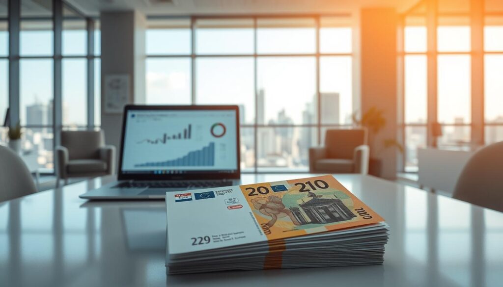 A bright, modern office interior with sleek furniture and clean lines. In the foreground, a stack of crisp, clean euro bills representing the concept of "gotovinski krediti" or cash loans. The middle ground features a laptop displaying financial calculations and graphs, conveying the idea of financial planning and comparison. The background showcases large windows overlooking a bustling city skyline, creating a sense of professionalism and opportunity. Warm, directional lighting from above casts a subtle glow, enhancing the sophisticated ambiance. The overall scene evokes a sense of financial security, accessibility, and informed decision-making. A bright, modern office interior with sleek furniture and clean lines. In the foreground, a stack of crisp, clean euro bills representing the concept of "gotovinski krediti" or cash loans. The middle ground features a laptop displaying financial calculations and graphs, conveying the idea of financial planning and comparison. The background showcases large windows overlooking a bustling city skyline, creating a sense of professionalism and opportunity. Warm, directional lighting from above casts a subtle glow, enhancing the sophisticated ambiance. The overall scene evokes a sense of financial security, accessibility, and informed decision-making.