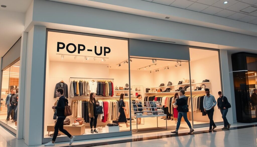 A bright, modern pop-up store in a bustling outlet mall, showcasing the latest fashion trends at discounted prices. The storefront features large windows displaying an array of stylish clothing and accessories, inviting passersby to step inside and discover their next great deal. Warm, diffused lighting illuminates the crisp, minimalist interior, creating an atmosphere of affordable luxury. Racks and shelves are neatly organized, highlighting the diverse product selection. Shoppers browse thoughtfully, finding hidden gems and unexpected bargains. The pop-up's temporary nature adds a sense of excitement and urgency, encouraging visitors to act quickly before the limited-time offers expire.